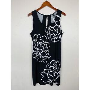 Simon Chang Dress Black White Floral Pockets Stretchy Knit Sleeveless Women's XL
